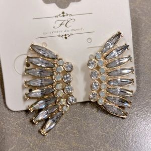 Rhinestone gold white sparkly gray opal marquee and round shaped stone earrings.